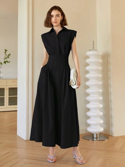 Women's Solid Color Sleeveless Elegant Midi Dress, Collared Dress Elegant Old Money Style, Spring/Summer Dress, Summer Outfits For Women, Graduation, Prom, Business Casual