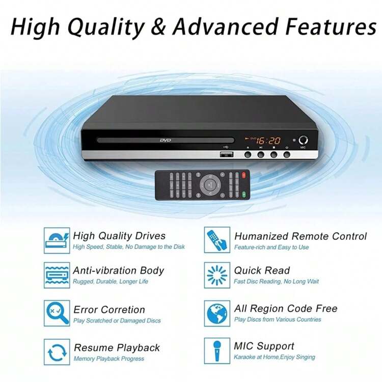 1080P DVD Player All Region Free DVD CD Disc Player AV Output USB Remote Control - View 2