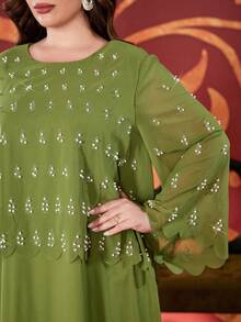 Plus Size Women Rhinestone Embellished Round Neck Solid Color Elegant Maxi Modest Dress (Pearls Randomly Placed, Position May Vary)