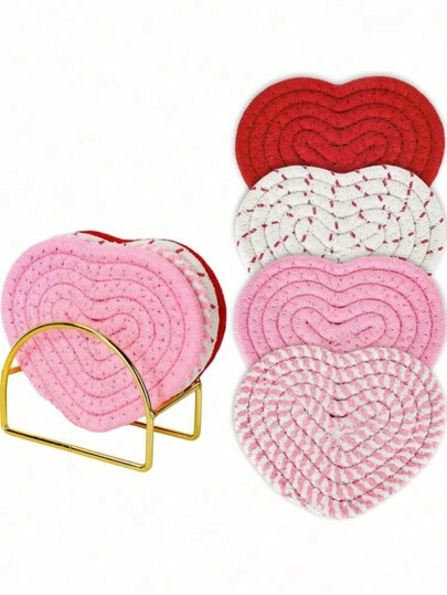 4 件情人节心形杯垫手工编织心形杯垫粉色红色杯垫，防滑吸水饮料垫适用于家庭餐厅茶咖啡吧装饰