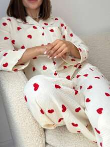 Womens Pajama Sets Cotton Pj Set Cute Heart Print Long Sleeve Button Down Shirt With Long Pants - trắng - Xem 4