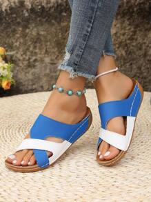 Chunky Sole Multicolor Strap Cross Sandals, Hook And Loop Beach Summer Wedge Roman Style Open Toe Slides
