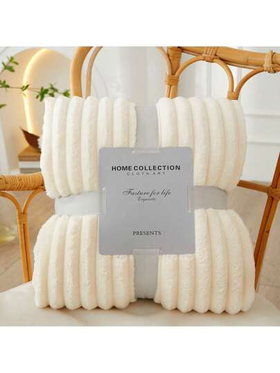 1pc Single Layer Thickened Rabbit Fur Plush Drawstring Solid Color Blanket With Gift Packaging
