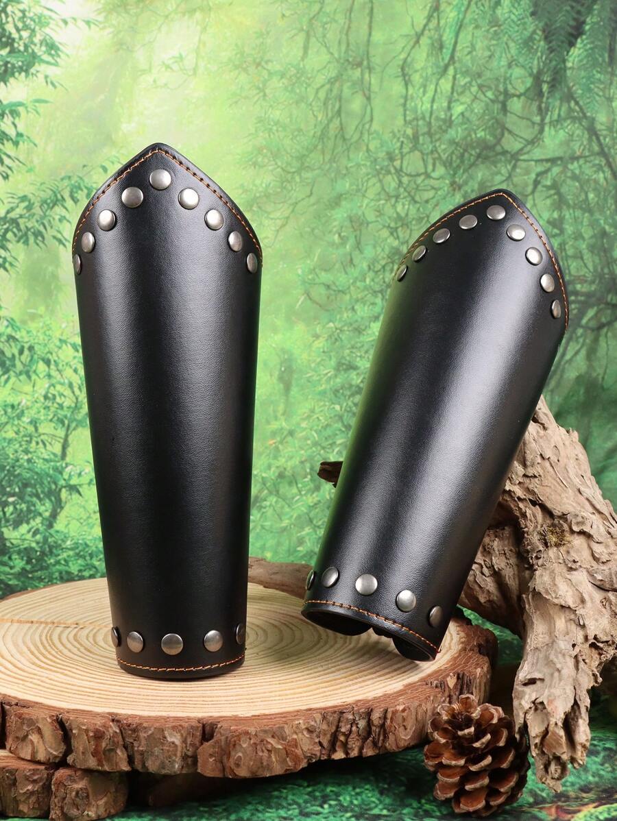 2Pcs Faux Leather Bracelet Vintage Steampunk PU Leather Wristguard Medieval Knight Live Action Role Play Scale Arm Guards Drama Costume Props - Brown - View 1