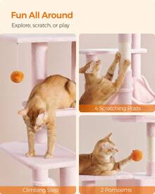 Feandrea Cat Tree, 143 Cm Cat Tower For Indoor Cats, Multi-Level Plush Cat Condo With 4 Scratching Posts, 2 Perches, Cave, Hammock, Pompoms, Jelly Pink