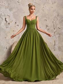 新款雪纺褶皱紧身胸衣正式晚礼服，优雅大方的派对、婚礼礼服 - 綠色 - 查看 5