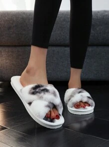 秋冬新款时尚交叉带毛绒女式室内拖鞋，简约安静家居毛茸茸拖鞋