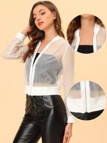 Women's Mesh Sheer Jacket See Through Long Sleeve Zip Up Bomber Jacket - White - View 2