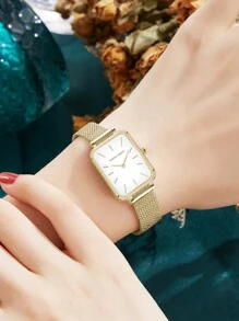 HANNAH MARTIN 1 Stück Mode Quadratische Uhr 34mm Rosegold&Silber&Gold&Schwarz, minimalistischer Stil, original japanisches importiertes Uhrwerk, Edelstahl Mesh Armband, Damen Lässig Armbanduhr