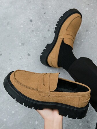 Men's Round Toe Thick-Sole Brown Low-Top Loafers, Casual British Style Large Head Shoes