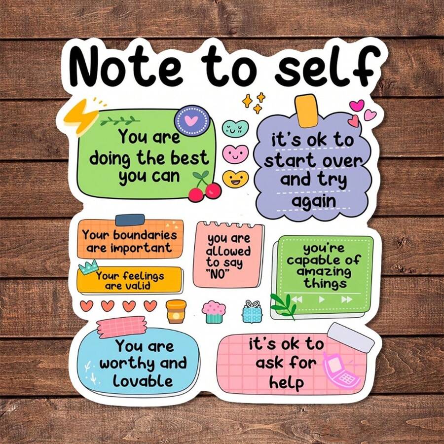 1/2/5pcs Note To Self, Motivational Mental Health Sticker | Fun And Quirky Vinyl Decal For Planners, Journals, And Laptops | Cute And Mindful Design For Meditation, Wellness Enthusiasts, And Book Lovers | Fashionable, Artsy, Positive Affirmation Sticker - Multicolor - View 1