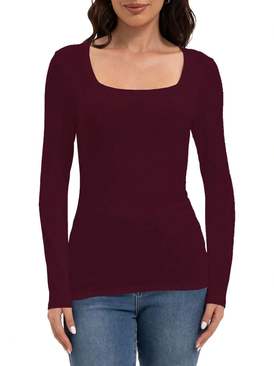 KAHULE Women's Square Neck Sexy Long Sleeve Shirts  Tops  Basic Fall Fashion Slim Fit T Shirts Blouses For Going Out - 勃根地 - 查看 1