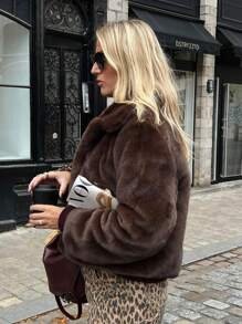 HH Women Casual Cropped Faux Fur Lapel Jacket Winter Fashion Shaggy Long Sleeve Warm Coat With Pockets - màu nâu - Xem 4