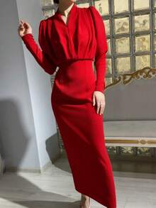 Women's Elegant Puff Sleeve Ruched Bodycon Maxi Dress - Red - View 4