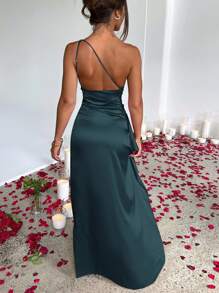 Women's Solid Color Silk Satin One Shoulder Ruched Maxi Dress Sexy Backless High Slit To Thigh Club Party Dress,Perfect For Outings,Parties,Cocktail,Wedding Guest And Vacations - 墨綠色 - 查看 8