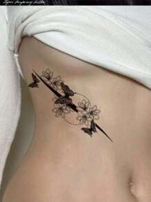 Waterproof Temporary Transfer Tattoo,Cute Y2K Style, Floral Blossom & Butterfly Pattern, Delicate Line Details, Long Lasting Fake Tattoo Stickers, Body Art Decals For Women, Suitable For Chest, Torso, Arm, Party & Daily Decoration - Black - View 6