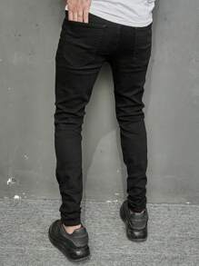 Men's Black Classic Skinny Slim Fit Jeans, Stretchy Ripped Black Denim Pants - Black - View 5