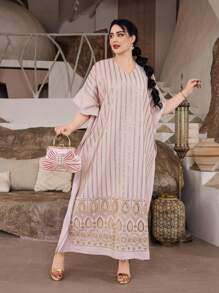 ASBB Nuovo stile elegante per la primavera/estate 2026, abito lungo con ricamo floreale e perline, scollo a V, adatto per il Ramadan e San Valentino - Rosa antico - Visualizzare 2