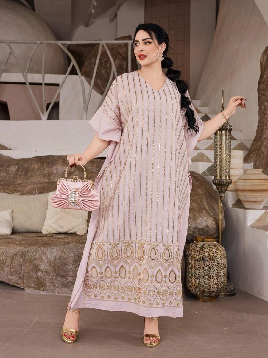 ASBB Nuovo stile elegante per la primavera/estate 2026, abito lungo con ricamo floreale e perline, scollo a V, adatto per il Ramadan e San Valentino