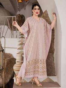 ASBB Nuovo stile elegante per la primavera/estate 2026, abito lungo con ricamo floreale e perline, scollo a V, adatto per il Ramadan e San Valentino - Rosa antico - Visualizzare 6
