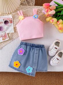 2pcs Baby Girl Floral Decor Cami & Asymmetrical Hemline Denim Skirt Set