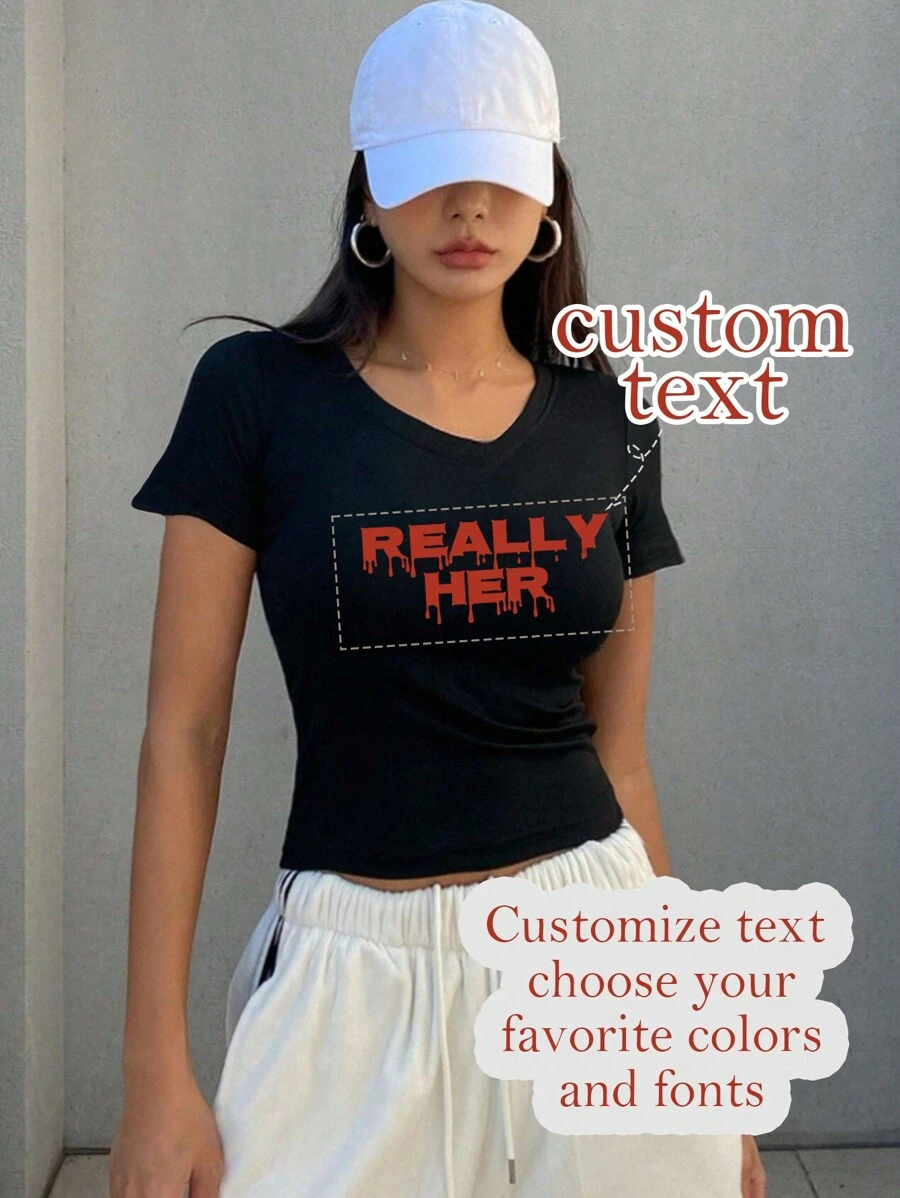 Customizable V-Neck T-Shirt, Can Add Text, Choose Font And Color Black Summer - Black - View 1
