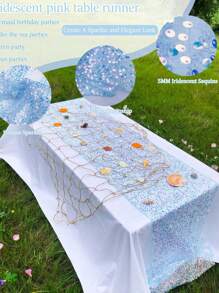1pc Rainbow Blue Sparkly Table Cloth, 30cm X 275cm, Baby Shower Decoration, Rectangular Glitter Tablecloth For Birthday Party, Home Decor
