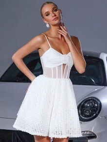 性感浪漫网眼腰线透明花卉细节露背派对礼服，适合鸡尾酒会/晚会、婚礼宾客礼服 - 白色 - 查看 5