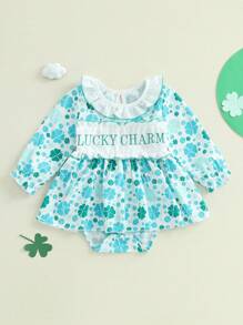 Baby Girl Spring Romper Dress Long Sleeve Ruffled Letter Embroidery Bow Print Jumpsuit - Cadet Blue - View 3