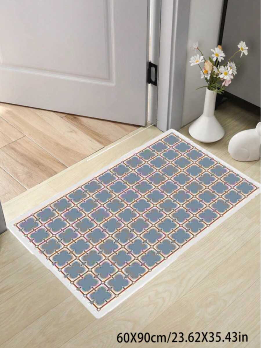 1pc Blue Flower & Plaid Pattern Rug, Faux Wool Rug, Large Area Rug ...