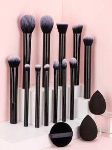 15 Stücke/Set Profi Make-up Pinselset, 12 Stücke Make-up Pinsel + 2 Stücke Make-up Schwämme + 1 Stück Puder Puschel, Reisefreundlich