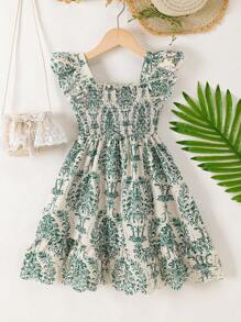 年轻女孩花卉印花荷叶袖褶皱连衣裙 - 綠色 - 查看 1
