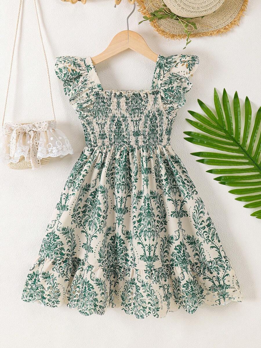 年轻女孩花卉印花荷叶袖褶皱连衣裙 - 綠色 - 查看 1