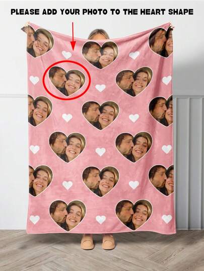 Customized Heart-Shaped Portrait Blanket, Personalized Blanket With Photo Collage, Special Memorial Gift Blanket With Image For Family, Birthday Gift For Valentine's Day