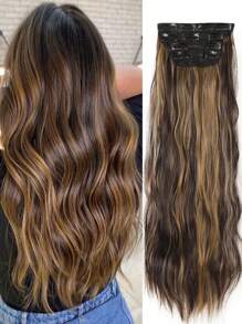 4 piezas de extensiones de cabello con clip, color marrón mezclado con dorado piano, longitud 22~32 pulgadas, ondulado rizado natural, pelucas de fibra sintética, adecuadas para mujeres, Halloween - Color Piano - Ver 1