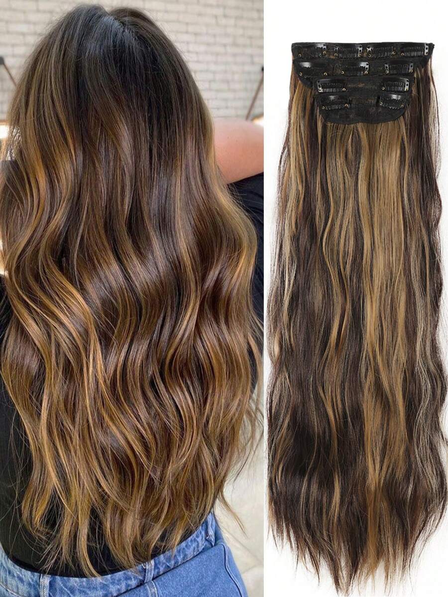 4 piezas de extensiones de cabello con clip, color marrón mezclado con dorado piano, longitud 22~32 pulgadas, ondulado rizado natural, pelucas de fibra sintética, adecuadas para mujeres, Halloween - Color Piano - Ver 1