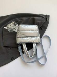 简约轻便尼龙羽绒夹克、多功能迷你手提包和单肩包 - 銀色 - 查看 5
