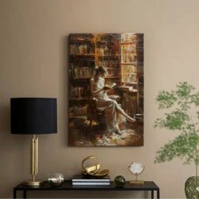 Tranquil Lady In A Library Canvas Art - Elegant Indoor Wall Decoration Female Theme, Library Scene, Reading Art, Home Decor, Living Room And Bedroom Wall Art