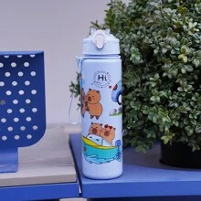 1pc 700ml/23OZ Cute Cartoon Capybara Themed Outdoor Casual Sports Water Bottle With Straw And Cup Lid, Leak-Proof, Shockproof, With Woven Handle Strap, Portable For Outdoor Camping, School, Holiday Gifts, Birthday Presents