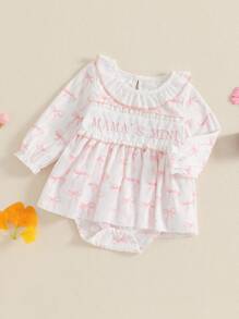Baby Girl Romper Newborn Dress Long Sleeve Letter Bowknot Doll Collar Bodysuit Ruffle Skirt Cute Spring Clothes - Pink - View 2