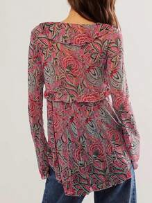 Women's Sheer Mesh Tops Long Bell Sleeve Tie Front Vintage Loose Ruffle Blouse Shirt - Red Violet - View 2