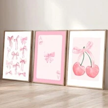 3 pièces Tableau mural aquarelle nœud rose image féminine imprimés sur canevas peintures style preppy décoration pour chambre, salon ou bureau appartement étudiant sans cadre