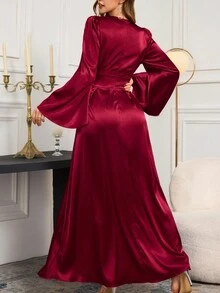 Chain Decor Cinched Waist Flared Sleeve A-Line Dress - Burgundy - View 4