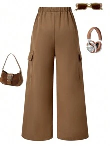 Pantalon décontracté à la mode, lâche et simple, de couleur marron, à jambe droite, convenant aux préadolescentes. Conception à plusieurs poches. Convient pour le printemps et l'automne. Vêtements quotidiens, de plein air, de fête et de campus
