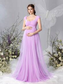 Faeriesty Dressalisa Maternity Ruched Bust Long Prom Party Dress - Pink - View 2