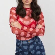 Women's Heart Print Mesh Sheer Tops Long Sleeve Round Neck Heart Print Party T-Shirt - Red - View 2