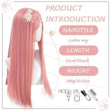 Peluca de pelo largo y liso de color rosa sintético, para disfraz de Lolita femenina en festividades