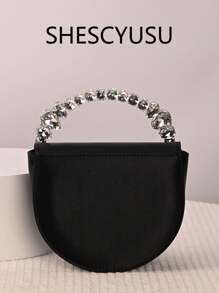 Bolsa de ombro elegante de cetim, bolsa feminina com strass 3D, bolsa de noite com cristais assimétricos extremamente brilhantes, bolsa de noite com formato de lágrima cristalizada brilhante, bolsa clutch vintage superglamourosa de fada de cetim, bolsa clutch redonda com strass para gala, presente de dia dos namorados, leve e portátil, alça removível, fecho de aba, preto, forro de poliéster, sem estampa, não lavável, adequada para uso diário ou festas