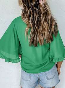 Acelitt Blusa verde con cuello redondo fruncido, manga media ancha