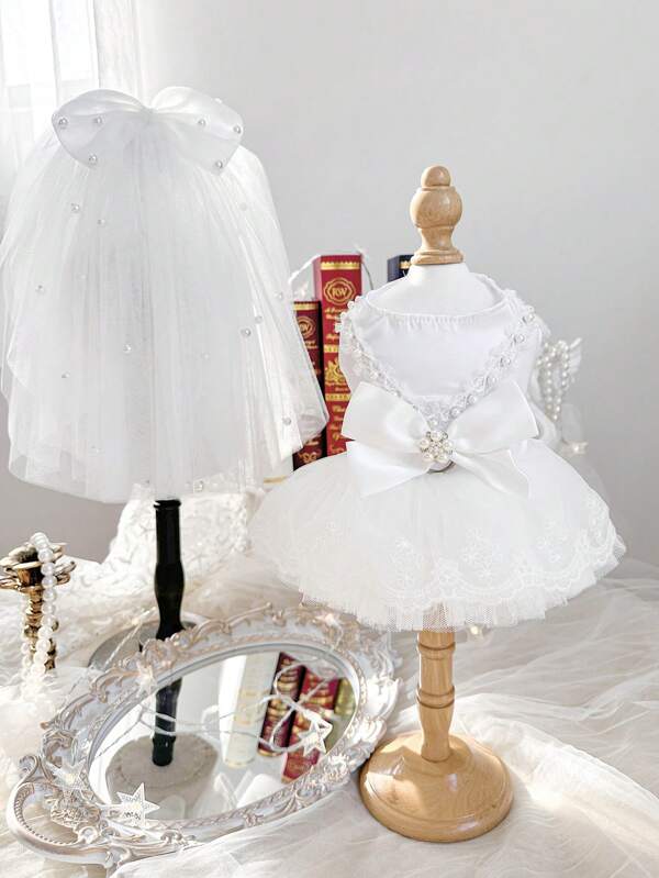 2pcs/Set Pet Clothes, Cute Pet Puppy Kitten Dress Up Wedding Dress & Headscarf, Romantic Pearl Tulle Veil With Bow, For Small Dogs And Cats